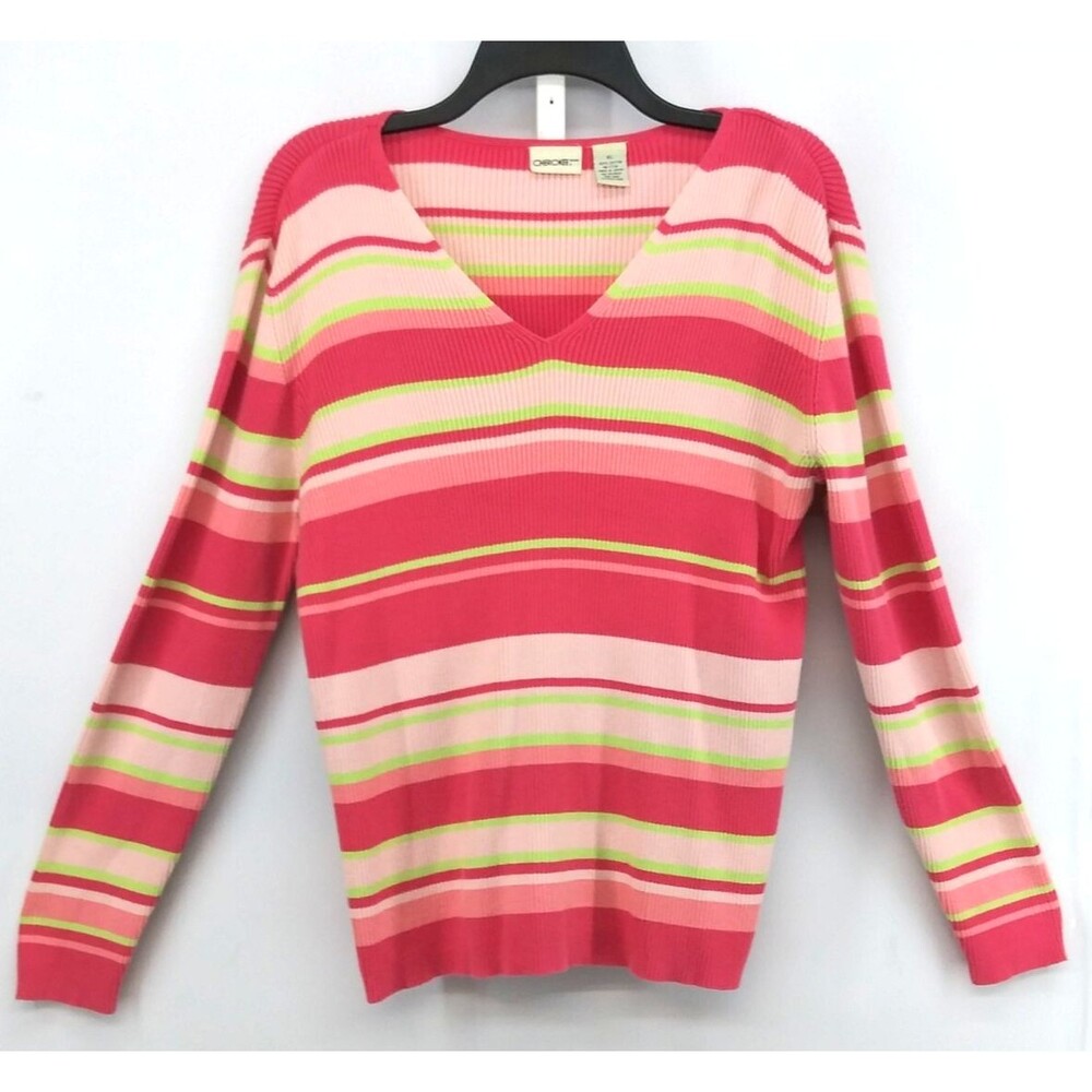 Cherokee Shirt Women Size XL Pink Striped Long Sleeve Ribbed V-Neck Knit Top